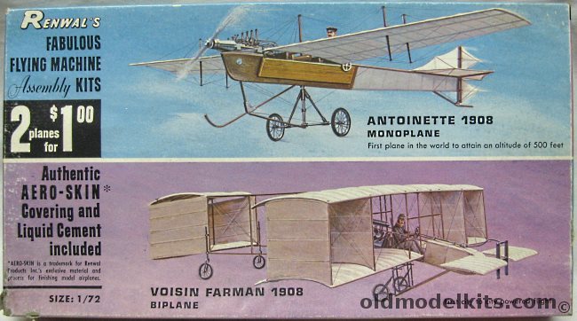 Renwal 1/72 2 for 1 Aeroskin Fabulous Flying Machines Antoinette 1908 Monoplane and Voisin Farman 1908 Biplane, 212-100 plastic model kit